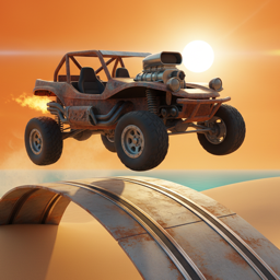 Icône de Sand Rage&nbsp;: un buggy rouillé en plein saut au-dessus d'une piste à rails