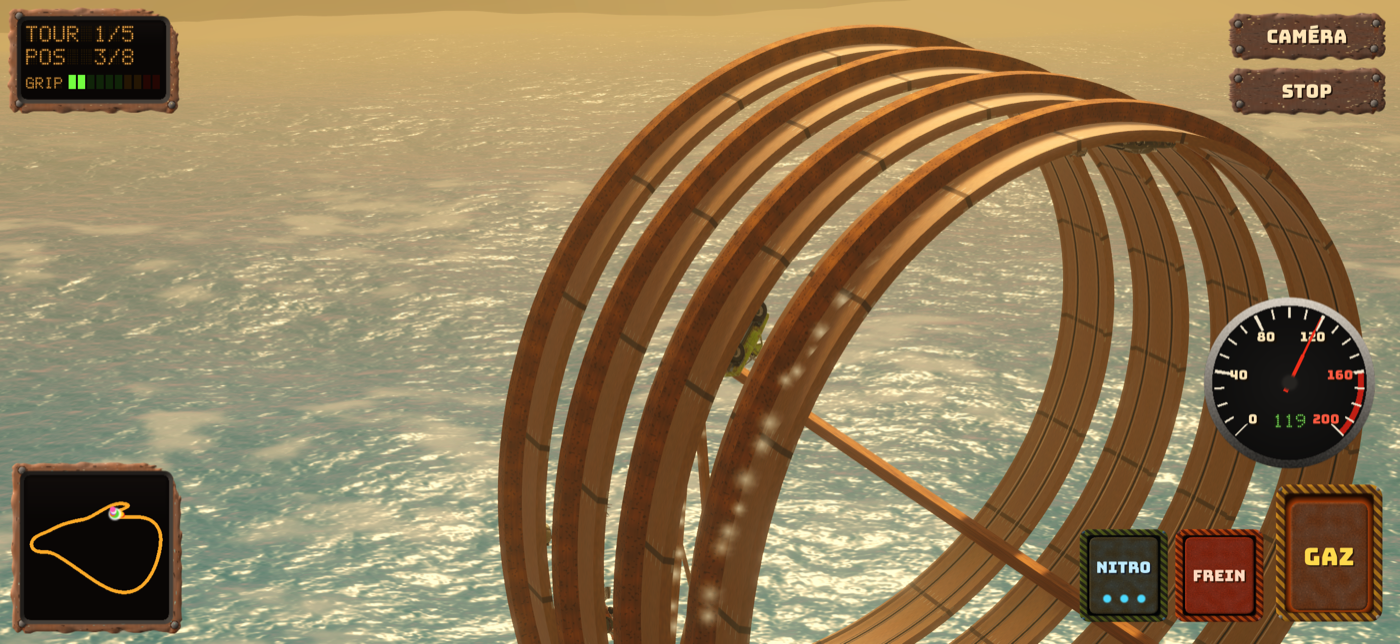 Une voiture dans un looping au-dessus de la mer