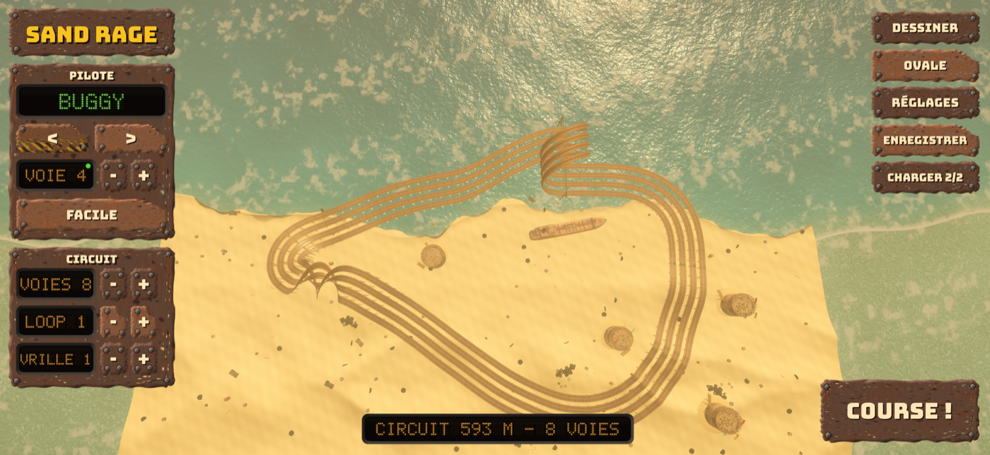 L'écran du circuit : pilote, voie, nombre de voies, loopings et vrilles